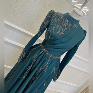 Emerald Green Satin Modest Long Dress